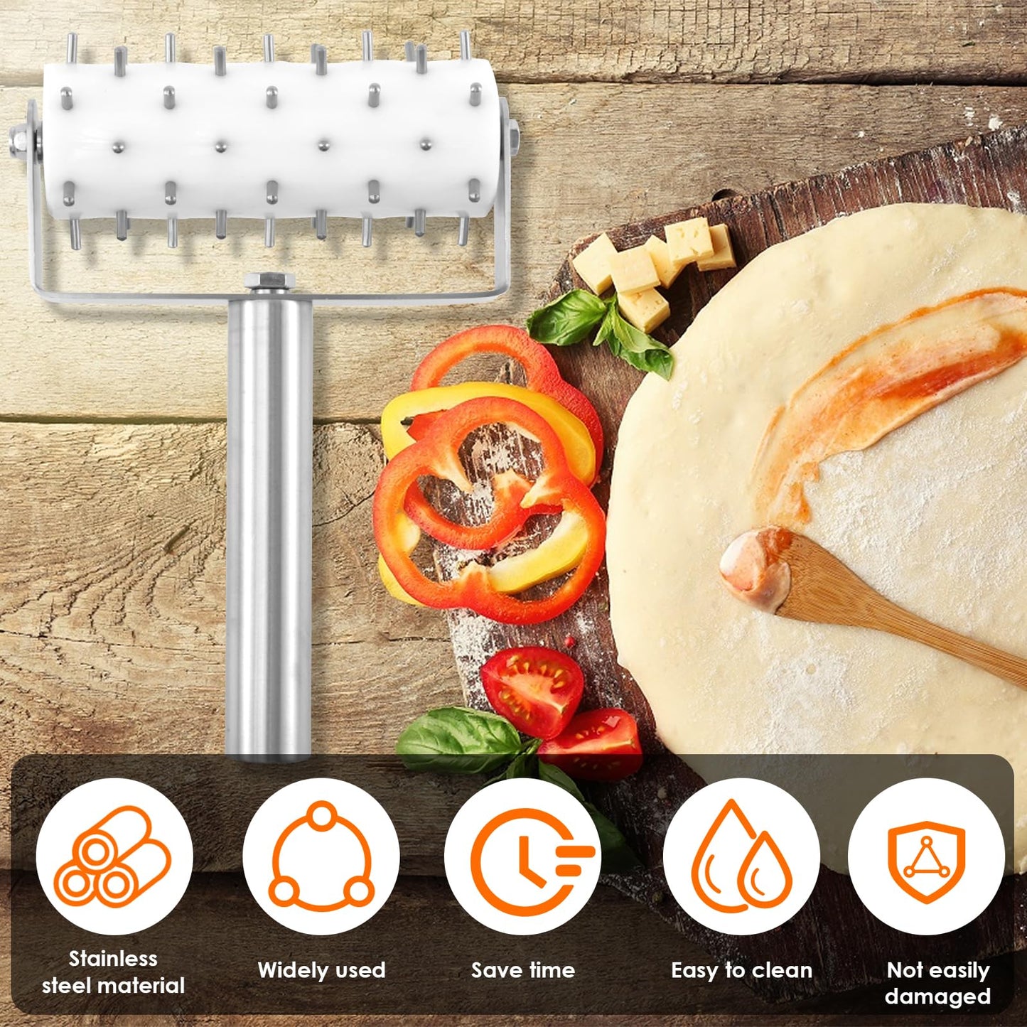 Stainless Steel Pizza Dough Docker with Spikes, Professional Pizza Dough Roller, Ergonomic Pizza Roller, Multifunctional Pizza Docker, Pizza Dough Press for Making Pizza Cookie Pie Pastry, Silver
