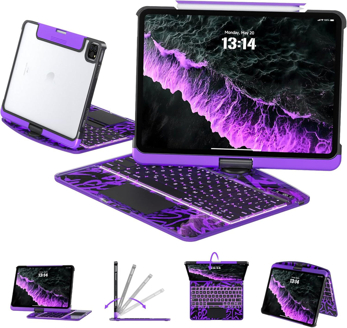 Transparent Case with Keyboard for 2024 iPad Pro 13 inch (M4), iPad Pro 13,7-Color Backlit,Magic Wireless Keyboard, 360°Rotating,Multi-Touch trackpad,Pencil Holder,with Shortcuts,Purple