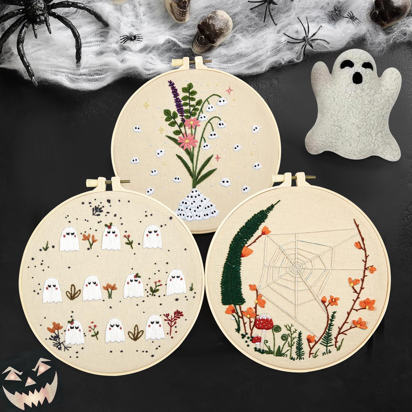 Crafmanoe Cute Ghost Embroidery Kit for Beginners Adults, Halloween Embroidery Starter Kits, Funny Counted Cross Stitch Kits for Beginner Adult Hobbies for Women, 3 Set Embroidery Hoop, Fabric, Thread