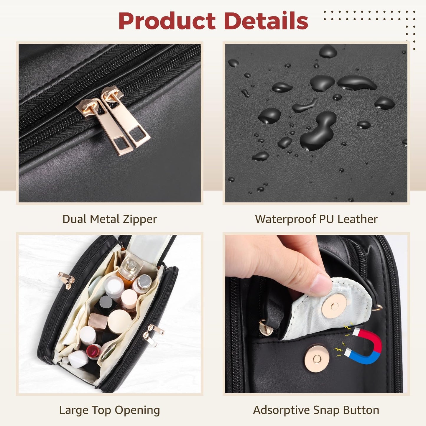 DORMIYA Black Travel Makeup Bag for Women - Large Capacity Cosmetic Organizer, Multi-Layer Toiletry Bag with Handle, Waterproof PU Leather Portable Makeup Zippered Case with Standing Brush Holder