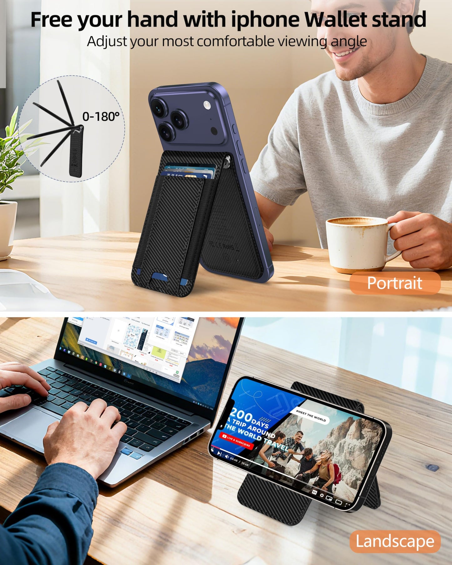 ExtreLife MagSafe Wallet with Money Clip, Work with Apple Find My, Magnetic Phone Wallet Stand for iPhone 17/16/15/14/13/12 Series, 8 Card Holder, RFID Blocking, Rechargeable, Carbon Fiber Black