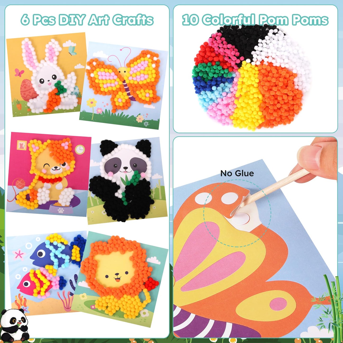 iCraftine Pom Poms Craft Kit for Building Fine Motor Skills & Hand-Eye Coordination, 6 Patterns Pompoms Arts & Crafts Sets for Kids Ages 5+
