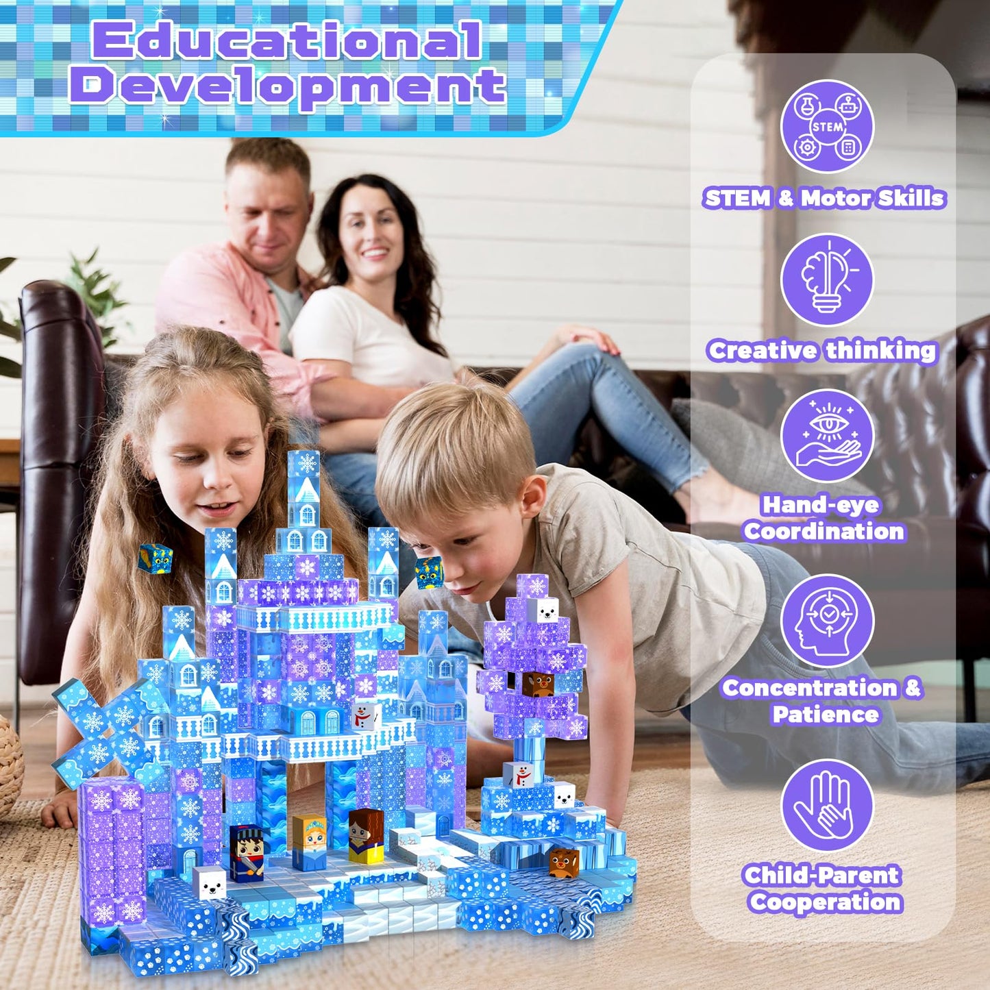 Magnetic Blocks - 100Pcs 0.8in Magnetic Building Block for Kids Ages 4-8, Transparent Magnet Block Blue Princess Castle, Magnet Cubes Tiles Princess Toy for Girl 3 4 5 6 7 8-12 Birthday Gift