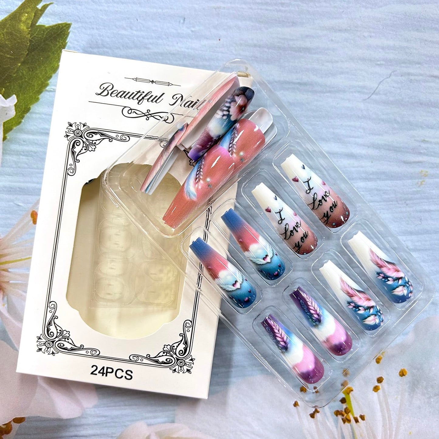Ballet Shaped Press on Nails Long Length Flower False Nails Pretty Feather and Clouds Design Artificial Nails Blue Gradient Acrylic Nails Glossy Coffin Nails Reusable Stick on Nails for Women 24Pcs