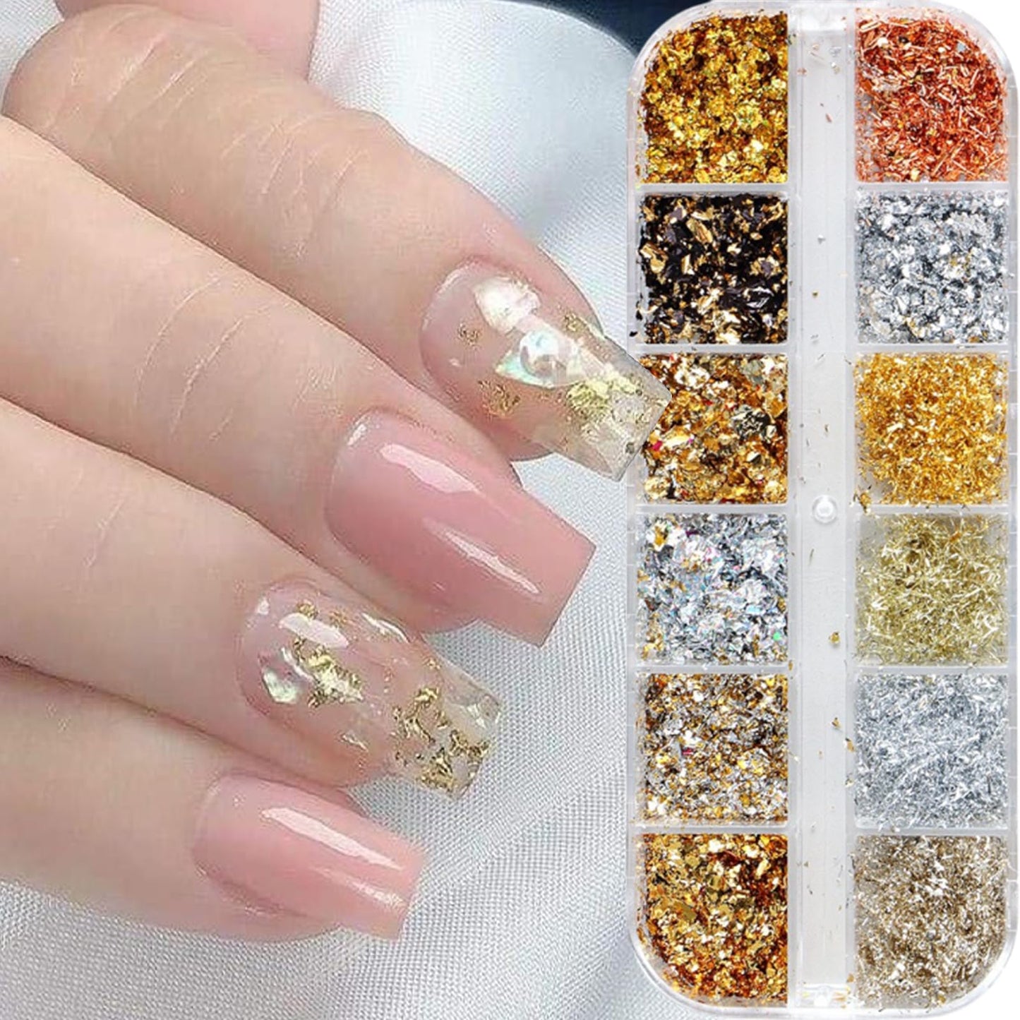 12 Grids Holographic Nail Glitter Gold Foils for Kit Sparkly Ultra-Thin Aluminum Foil Nail Art Flakes Designs Irregular Foil 3D Glitter Foil Sequins for Women DIY Manicure Charms Decorations