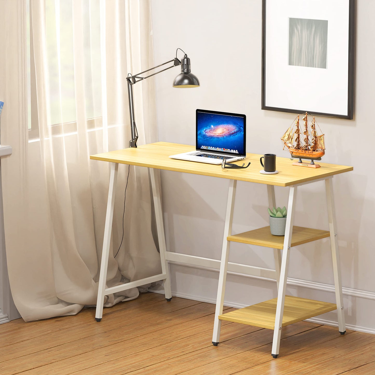 SHW 43-Inch Home Office Trestle Computer Desk with Open Storage Shelves, Oak