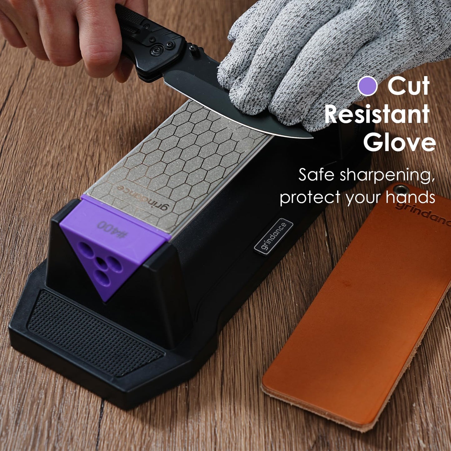 Grindance 3-Sided Diamond Sharpening Stone 400/1000/8000 Grit Whetstone with Angle Guide, Non-Slip Base, Leather Strop & Glove Premium Knife Sharpener for Kitchen, Hunting & Outdoor