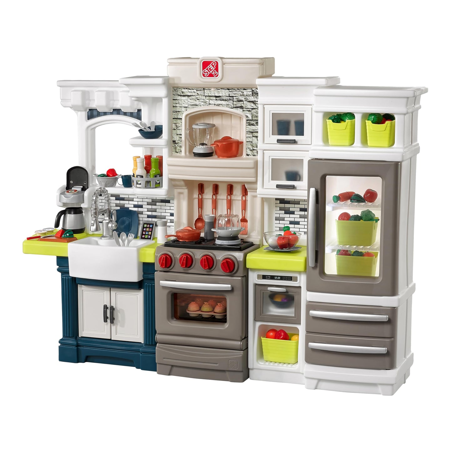 Step2 Elegant Edge Kids Kitchen Playset, Indoor/Outdoor Kitchenette, Interactive Play with Lights and Sounds, Made of Durable Plastic, Includes 78 Piece Toy Accessories, For Toddlers 3+ Years Old