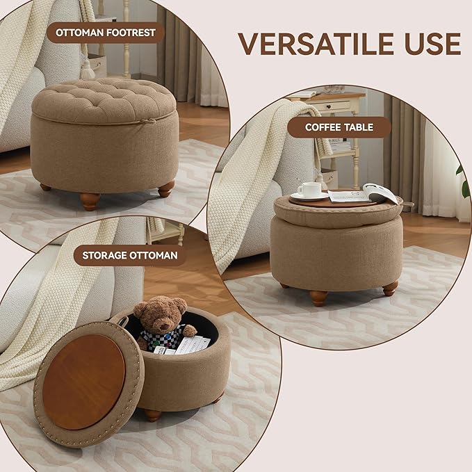 24Inch Round Storage Ottoman with Tray, Modern Tufted Fabric Circle Coffee Table with Storage, Upholstered Ottoman with Removable Top for Living Room, Bedroom, Brown