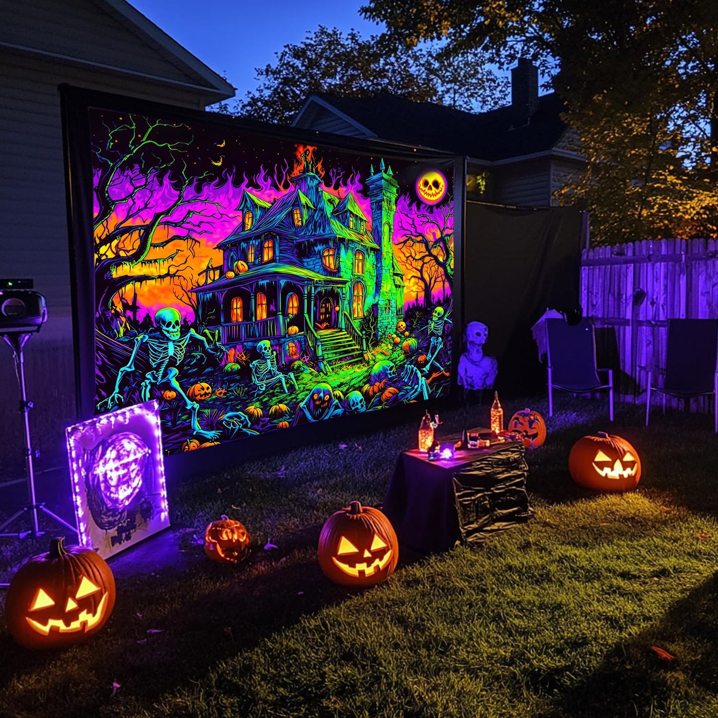 BSFHH Black Light Tapestry – UV Reactive Glow in the Dark Wall Hanging, Spooky Night Scene with Ghosts & Pumpkins, Haunting Home Decor for Parties, Bedroom, or Dorm (Ghost House, 90L x 70W, Unframed)