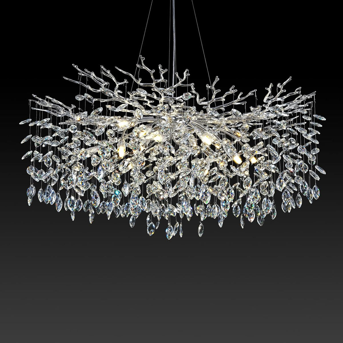 Modern Crystal Chandeliers for Dining Room, 40" Round Silver Tree Branches Chandeliers, Large Dining Room Over Table Chandeliers Lights Fixture, Branches and Crystals Ceiling Light Fixtures