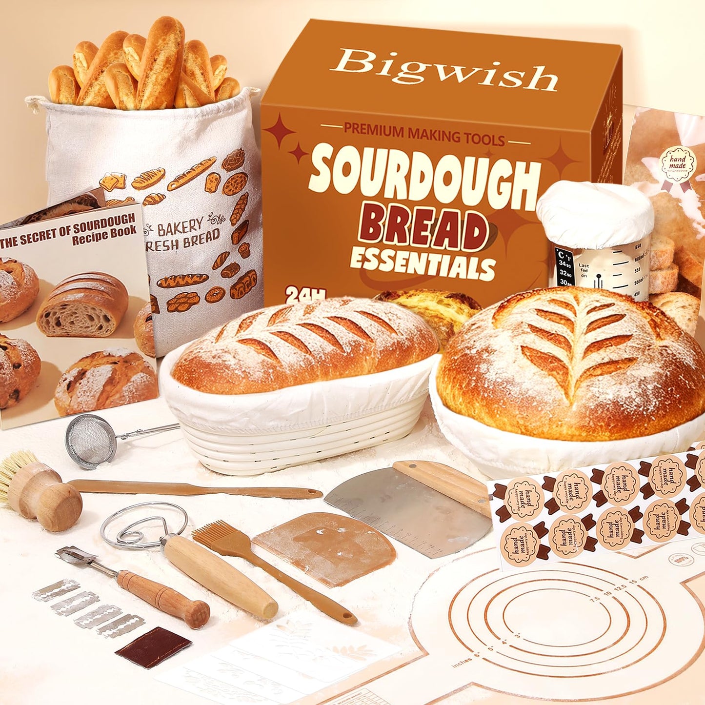 Sourdough Starter Kit, Sourdough Tools with Banneton Bread Proofing Basket, Sourdough Starter Jar, Sourdough Bread Baking Supplies, Complete Sourdough Kit Gifts for Bakers Women Mom