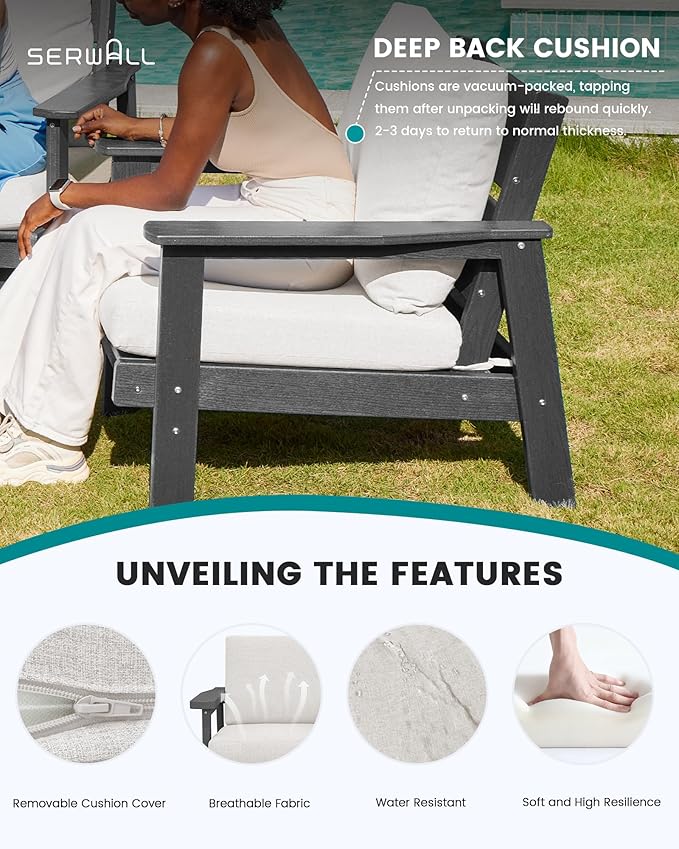 SERWALL Patio Furniture Set with 33” Fire Pit Table, HDPE Outdoor Sectional Sofa Set with Thickened Cushions, Grey Frame with Khaki Cushions