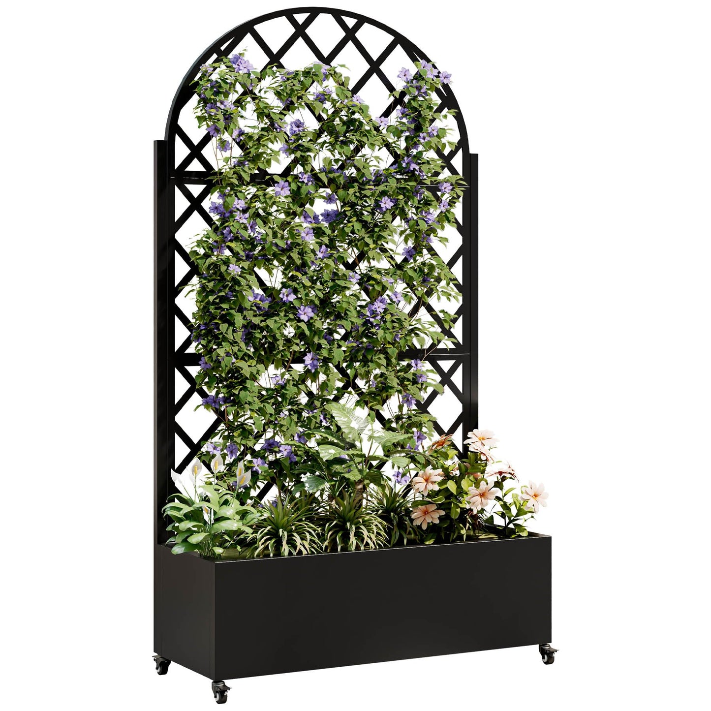 Metal Planter Box with Trellis, 73-Inch Tall Raised Garden Bed with Wheels, Privacy Screen Planter for Climbing Plants, Vegetables & Vines, Galvanized Steel Outdoor Privacy Shield, Black (Round)