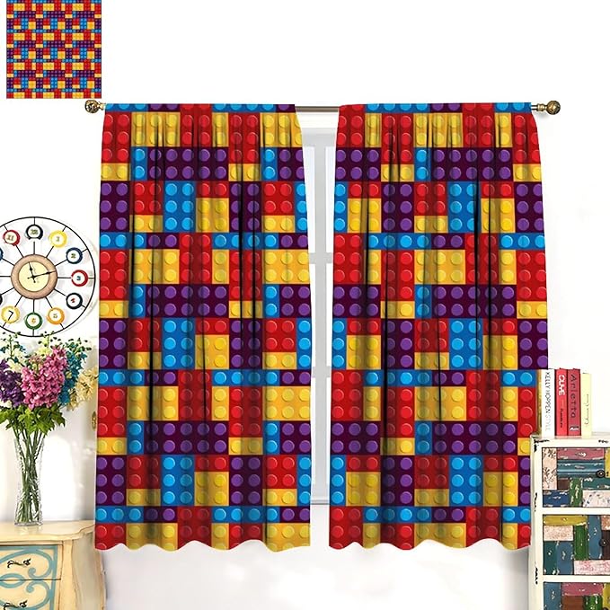 Building Block Colored Curtains, Children's Themed Curtains Collection Building Block Patchwork Cartoon Print Curtains, Light Trim 2 Panel Set Rod Pockets 72x63in
