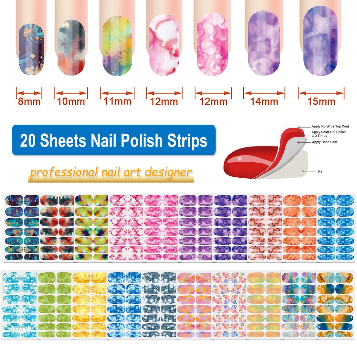 DANNEASY 20 Sheets Color Blending Nail Polish Stickers Full Nail Wraps for Women Marble Fingernails Wrap Self Adhesive Nail Polish Strips Gel Nail Strips with File, Cuticle Stick