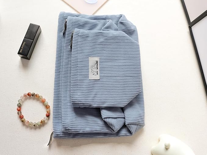 HAPPYHEIDI Large Corduroy Makeup Bag Compartment Cosmetic Toiletry Travel Accessory Pouch Purse Organizer, Soft Misty Blue