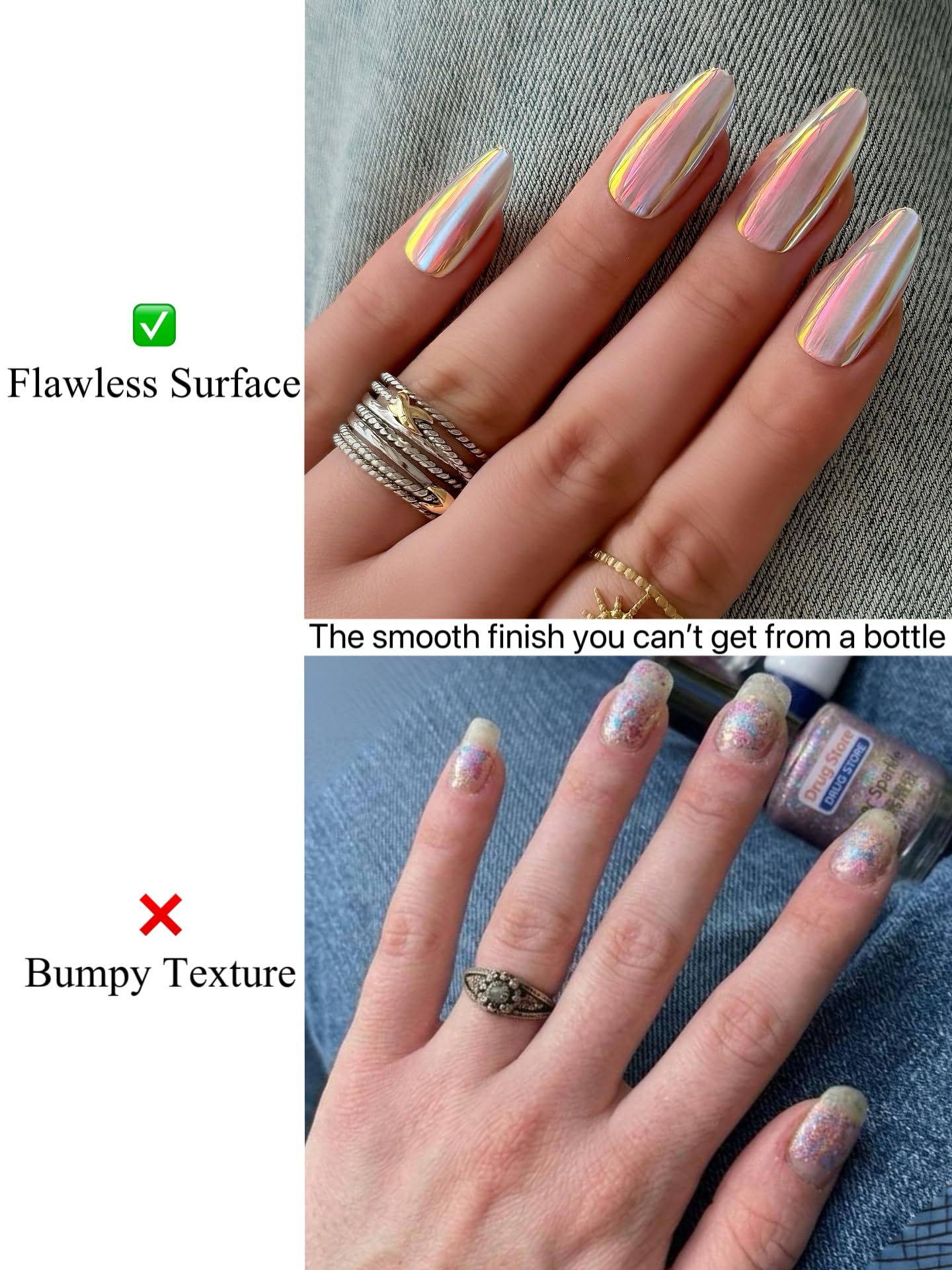 Aurora Chrome Press On Nails Medium Almond, Mirror Metallic Y2K Glow, 30pcs Reusable False Nail Kit by Nailinism