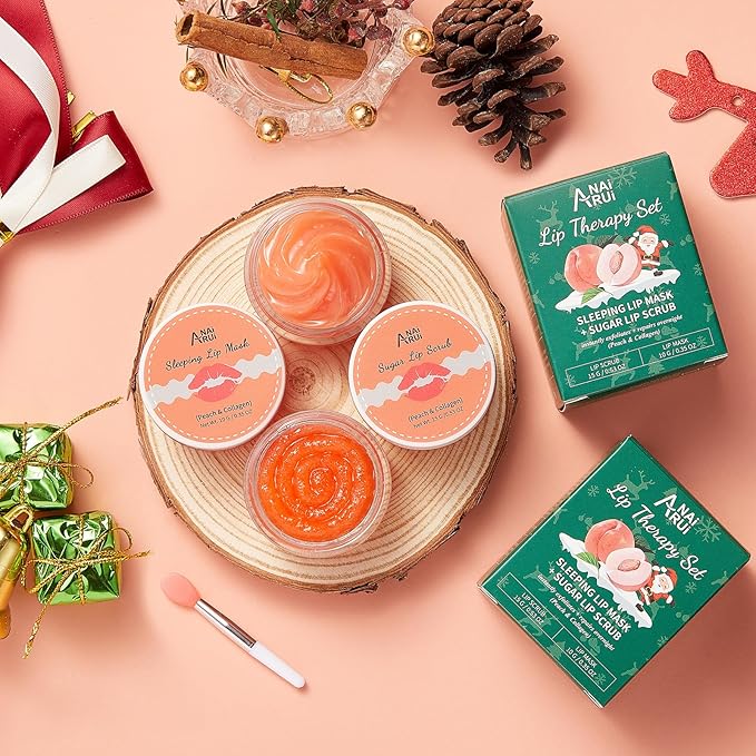 ANAI RUI Lip Care Set Stocking Stuffers, Lip Scrubber Exfoliator & Lip Balm Hydrating for Christmas Gifts, Lip Sleeping Mask Gift Set for Women