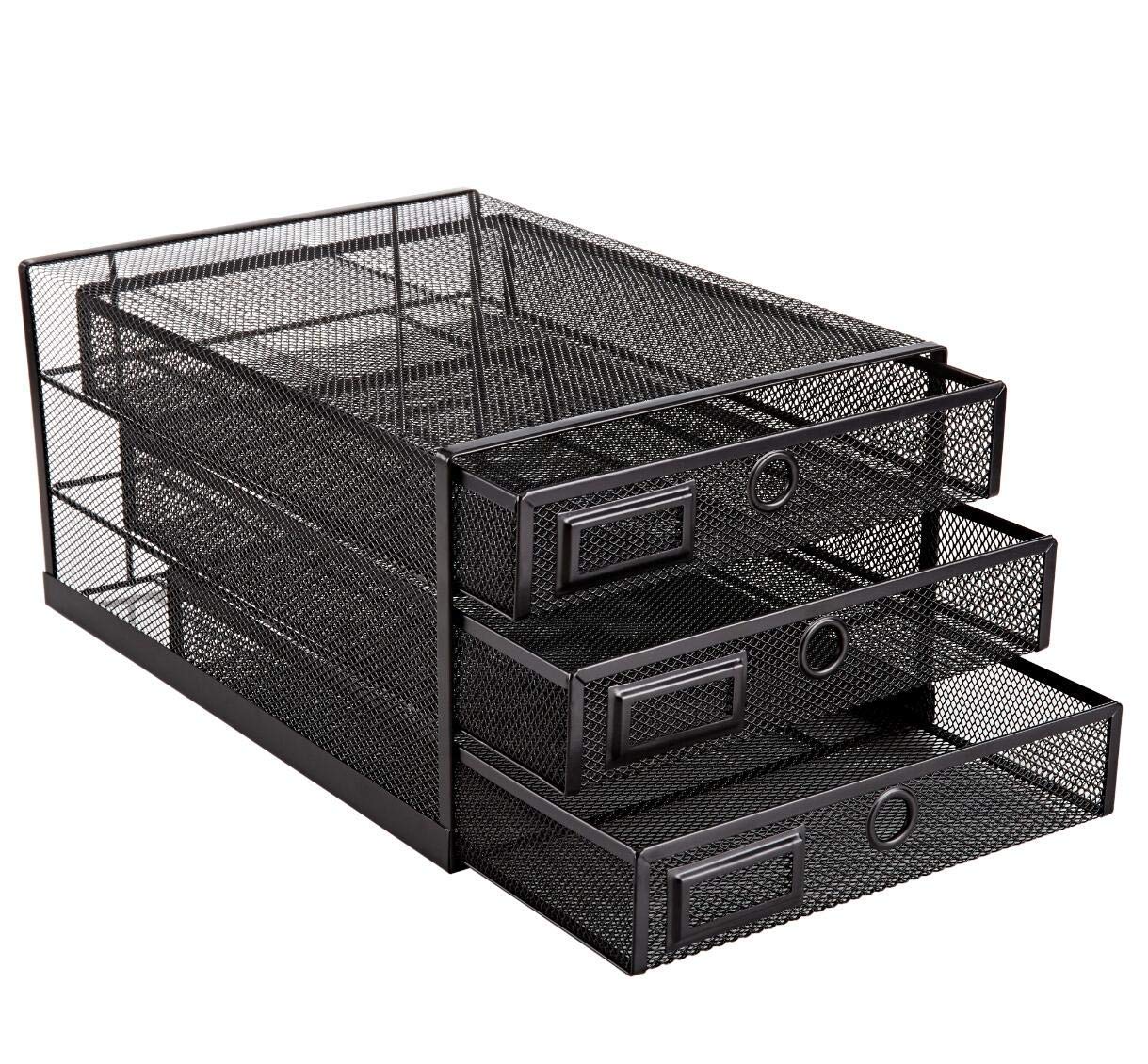 Annova Desk Organizer Wire Mesh 3 Tier Sliding Drawers Paper Sorter/Multifunctional/Premium Solid Construction for Letters, Documents, Mail, Files, Paper, Kids' Art Supplies (Black)