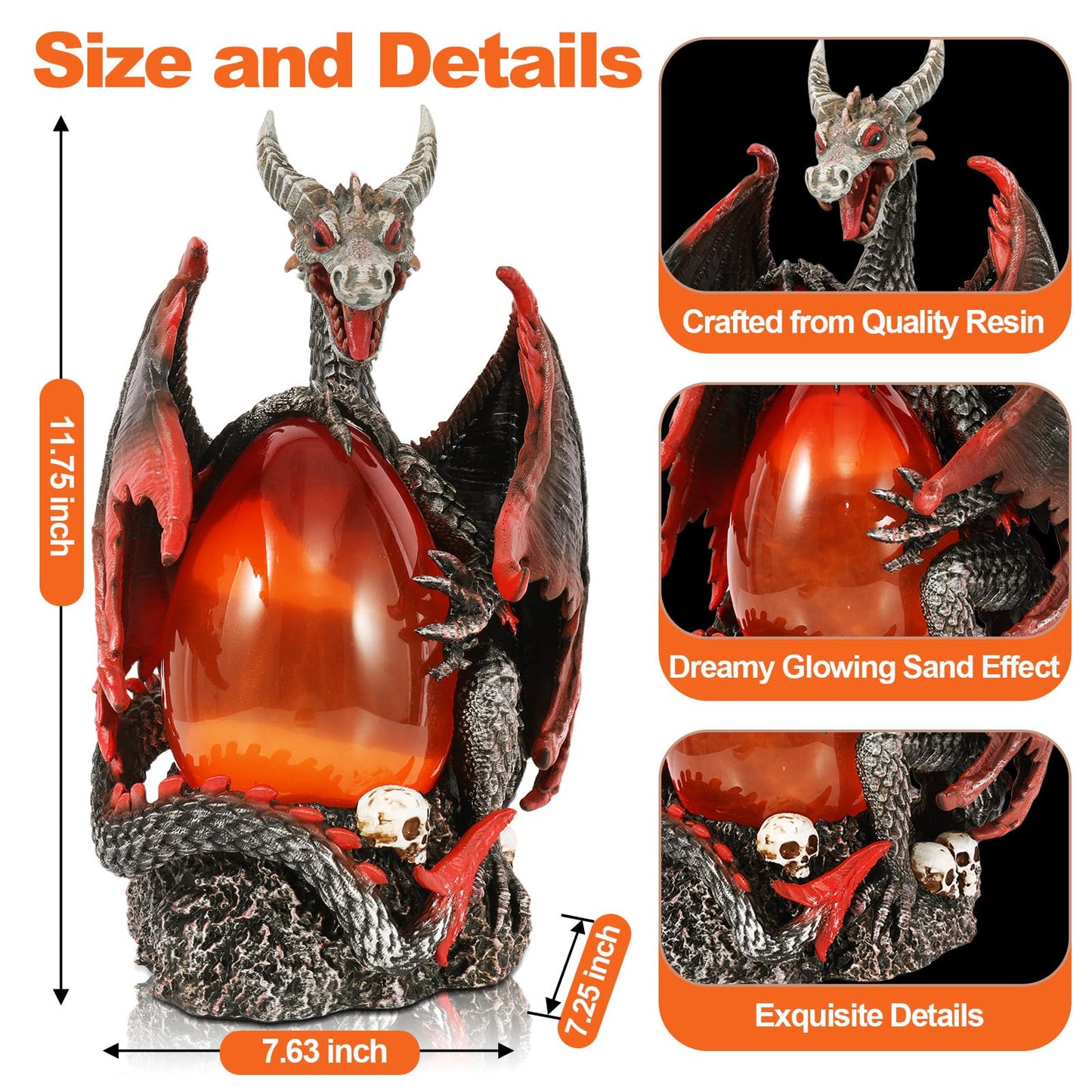 Fire Dragon Glitter Globe Statue Dragon Egg Glowing Sculpture, Skull Accent Base, Evil Dragons Lantern with 6H Timer, Battery Operated, Cool Decoration for Halloween, Fantasy Gift for Collectors