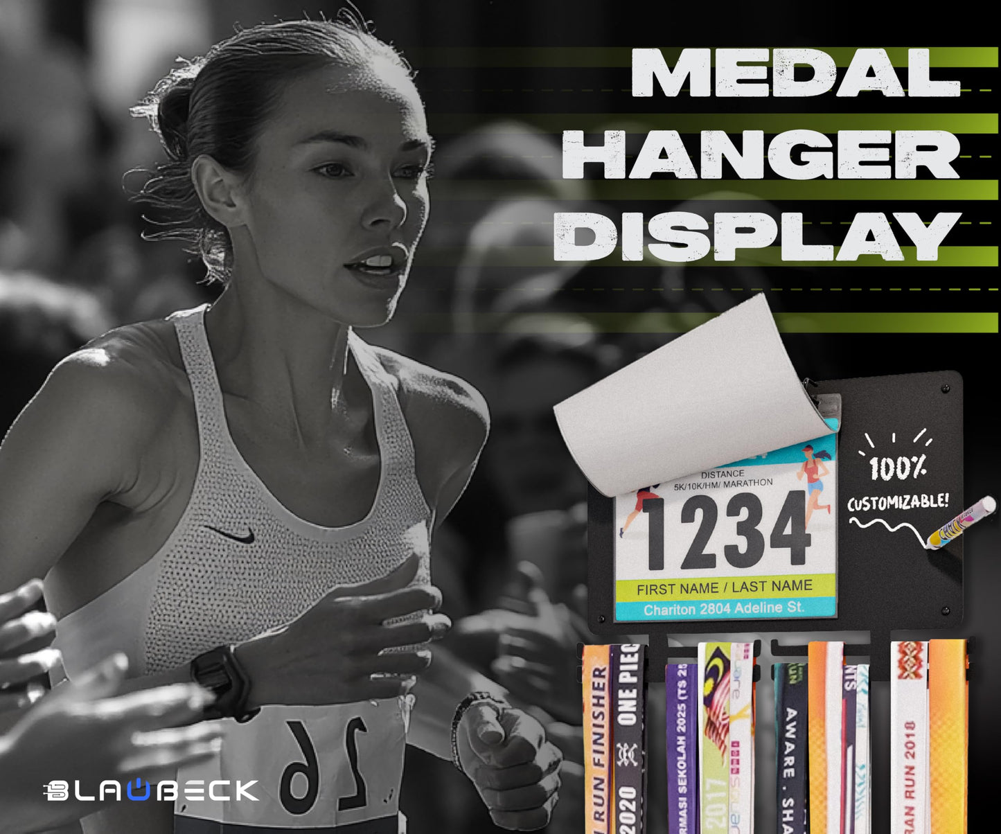BLAUBECK Medal Hanger Display for Runners, Marathon Medal Holder Display Wall Hanger and Race Bib Boards Holder with Chalkboard Marker - Holds up to 50 Medals, 40 Race Bibs