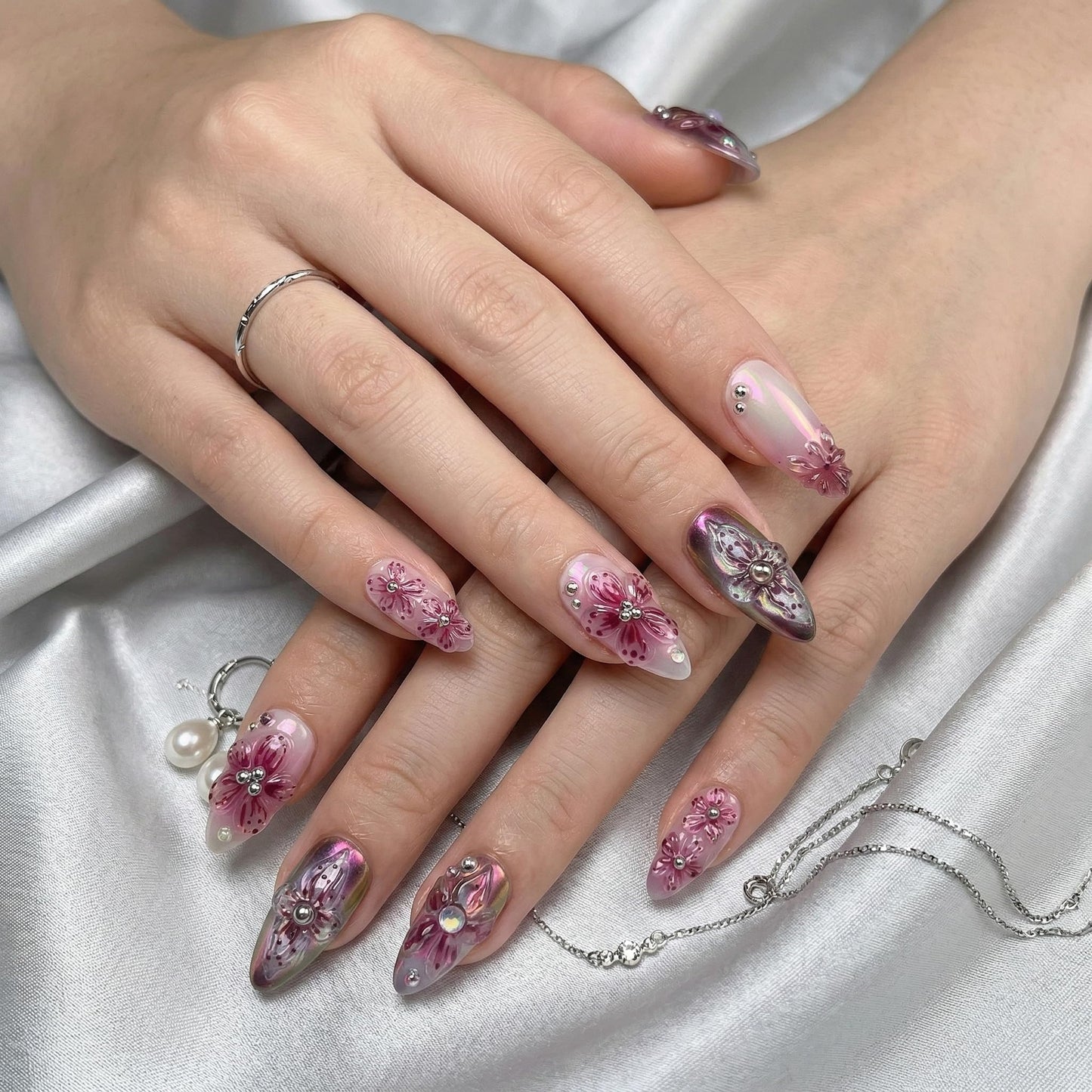 Almond Press on Nails Medium Fake Nails Purple Acrylic Nail Press ons SEENEEY Pink Floral and Silver Charm Designs Rhinestones Stick on Nail for Women 24pcs