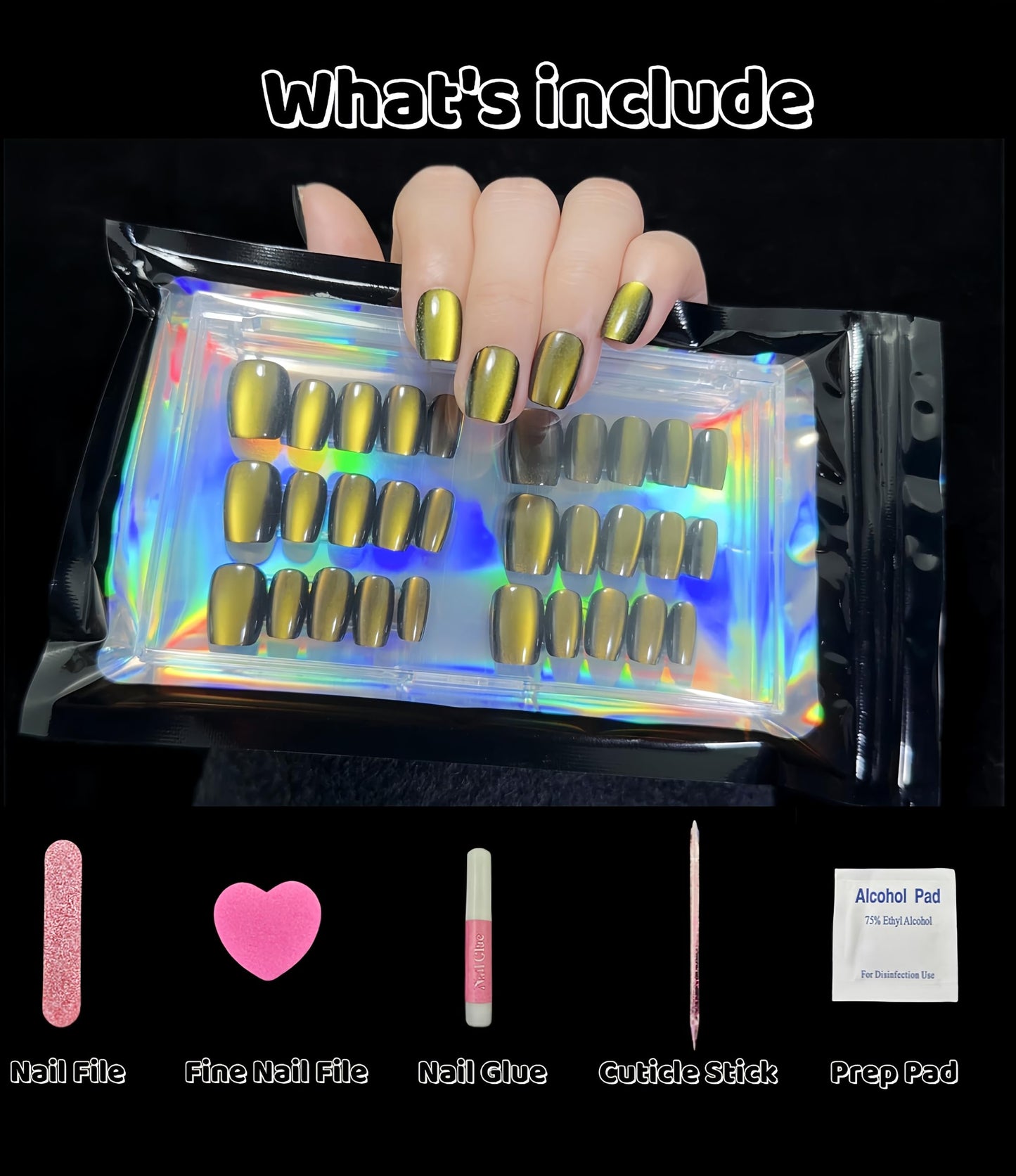 Incantevole Cat's Eye Press On Nails (30PCS； SIZE：XS-S-M), Short Square Fake Nails (Black Gold), Handmade Nails, Elegant False Nail Tips