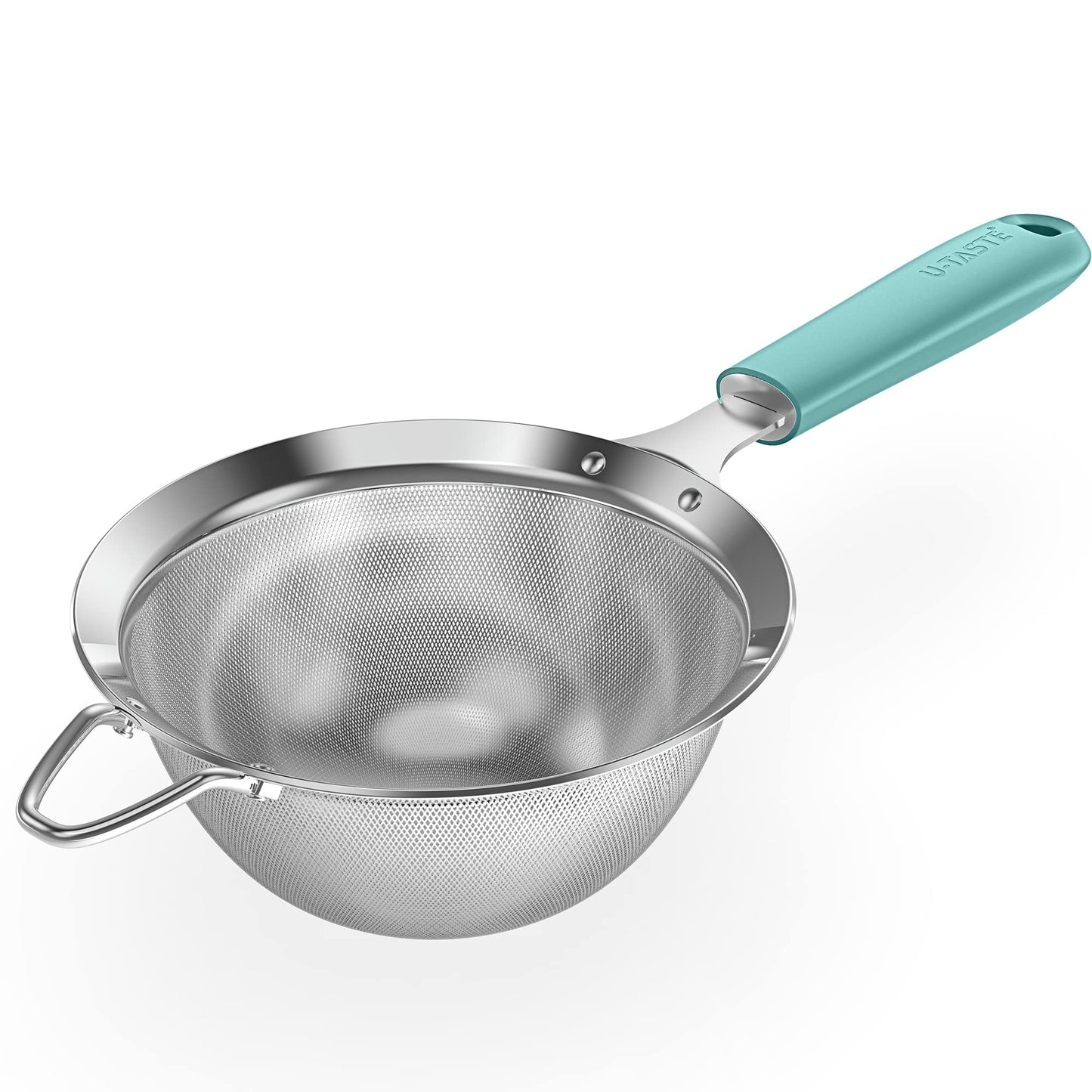 18/8 Stainless Steel Mesh Strainer: U-Taste 5.5 Inch Kitchen Fine Mesh Sieve Food Colander with Riveted Sturdy Silicone Handle and 30 Mesh Hole for Straining Flour, Pasta, Fruit, Quinoa(Aqua Sky)