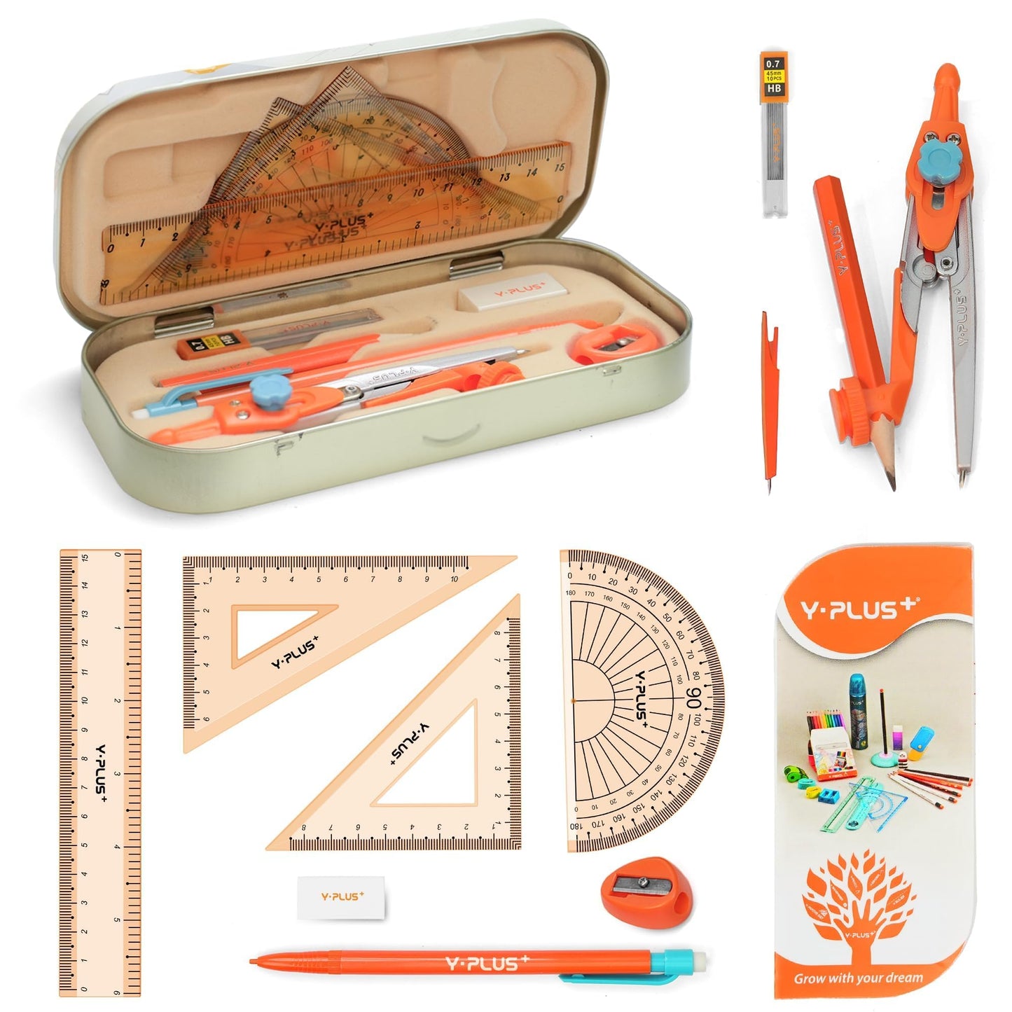 Geometry Set for Students, Compass Drawing Tool with Metal Case, Math Protractor for Kids with Protractor, Rulers, Metal Compass, Mechanical Pencil - 12 Pcs, Back to School Supplies for Students