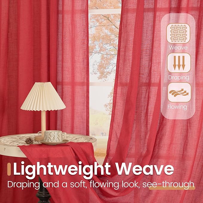 BGment Red Linen Semi Sheer Curtains for Living Room - Light Filtering Window Drapes with Rod Pocket for Dining Bedroom Lightweight, 2 Panels Set, 52 X 80 Inch