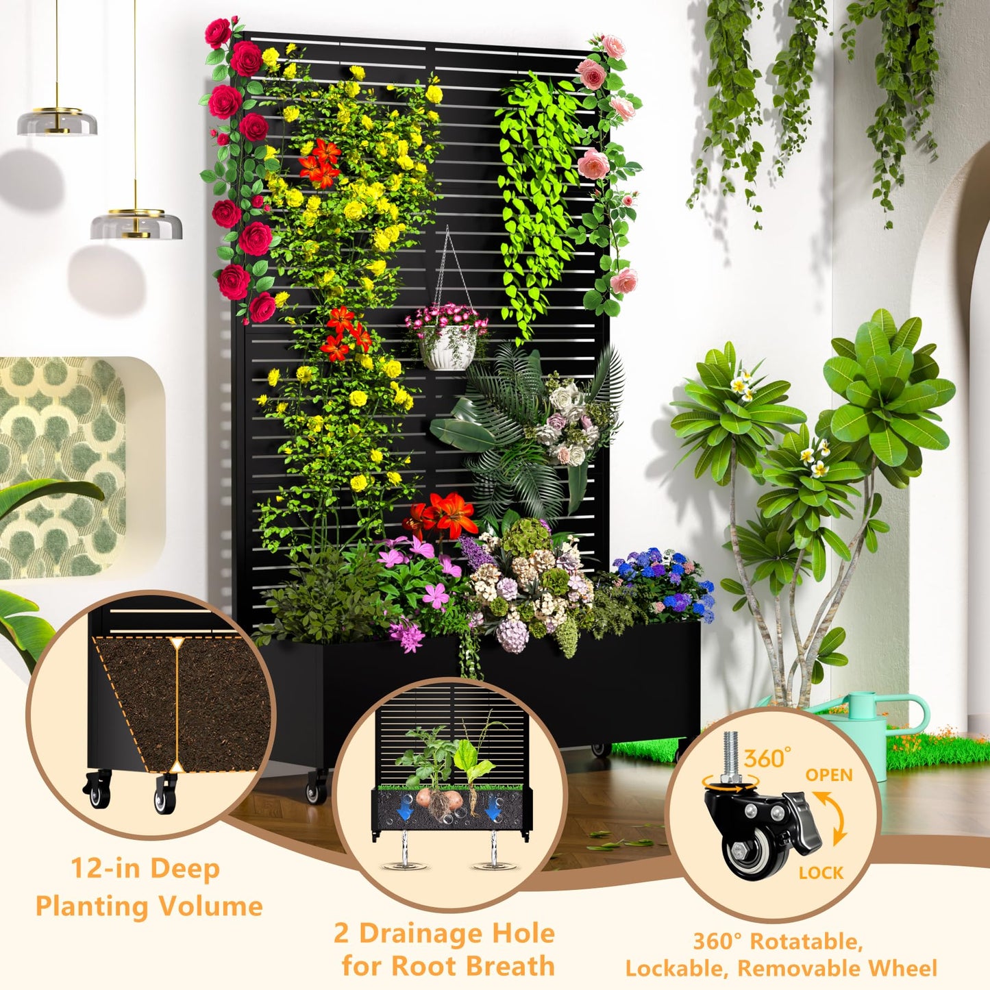 MTART Metal Planter Box with Trellis, 72.1"x47.2"x16" Outdoor Galvanized Raised Garden Bed with Privacy Screen & Drainage Holes & Lockable Casters for Climbing Plants, Vegetable (Louvered-Black1)