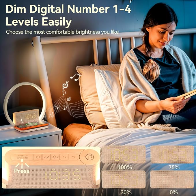 Vivilumens Sunrise Alarm Clock Wireless Charger, 10 White Noise Sound Machine Alarm Clock with 30/60/90 Mins Timer, 3 Levels Touch Night Light Dual Clocks for Heavy Sleeper Bedroom Decor Gift for Her