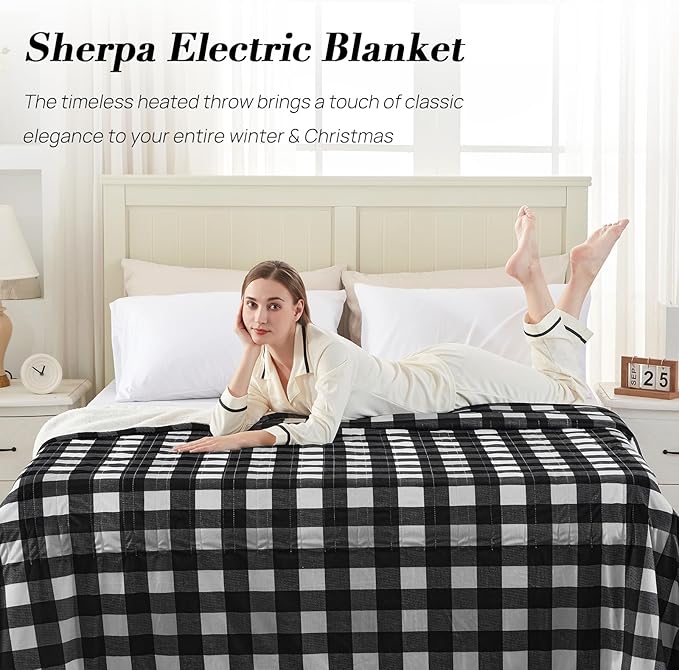 Westinghouse Full Size Heated Blanket Electric Blanket, Flannel & Sherpa Heating Blanket with10 Heating Levels & 1 to 12 Hours Heating Time Settings, Fast Heating Blanket Black Plaid, 72x84 Inches