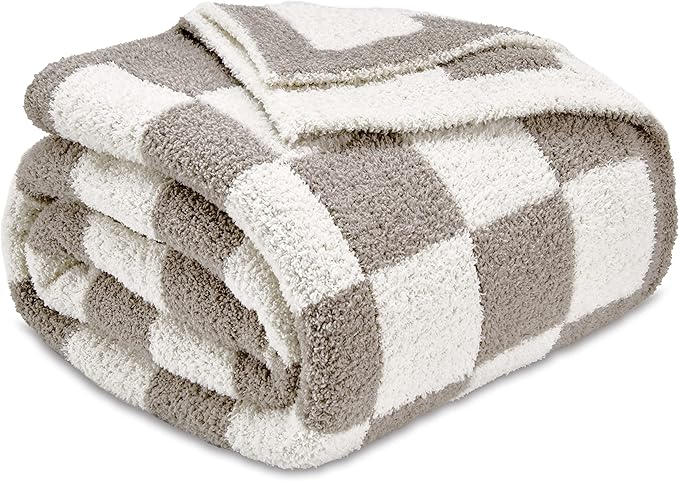 CozeCube Checkered Blanket, Ultra Soft Cozy Grey and White Throw Blanket, Warm Cozy Knit Fuzzy Plush Checkerboard Throw for Couch Bed Sofa, 50"x60"