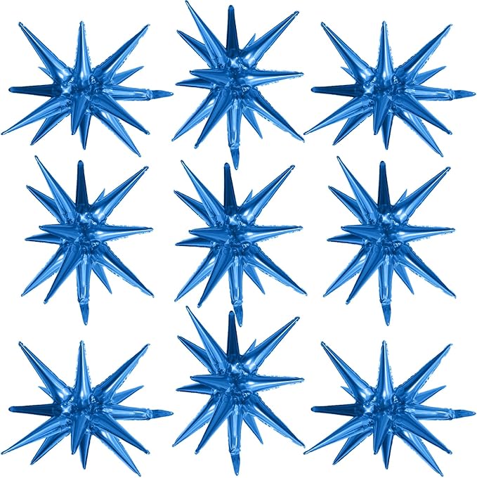 Blue Star Balloons,9Pcs 22Inch Blue Explosion Spike Cone Helium Polyester Film Star Foil Balloons for Birthday Anniversary Baby Shower Wedding Disco Party Decorations