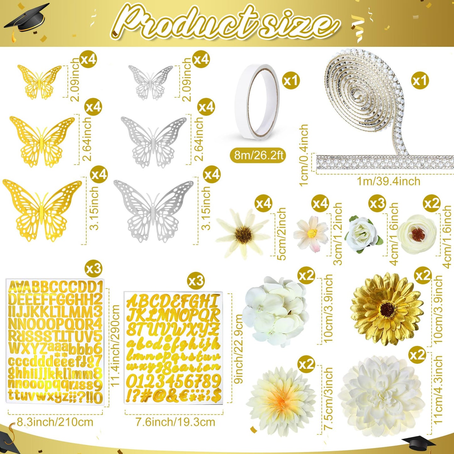 Wavwavw 53 Pcs DIY Graduation Cap Decorations Kit, 2026 Grad Cap Topper Include Faux Flowers 3D Butterfly Self Adhesive Pearl Stickers Glitter Alphabet Letter Decals for Party Decor(White)