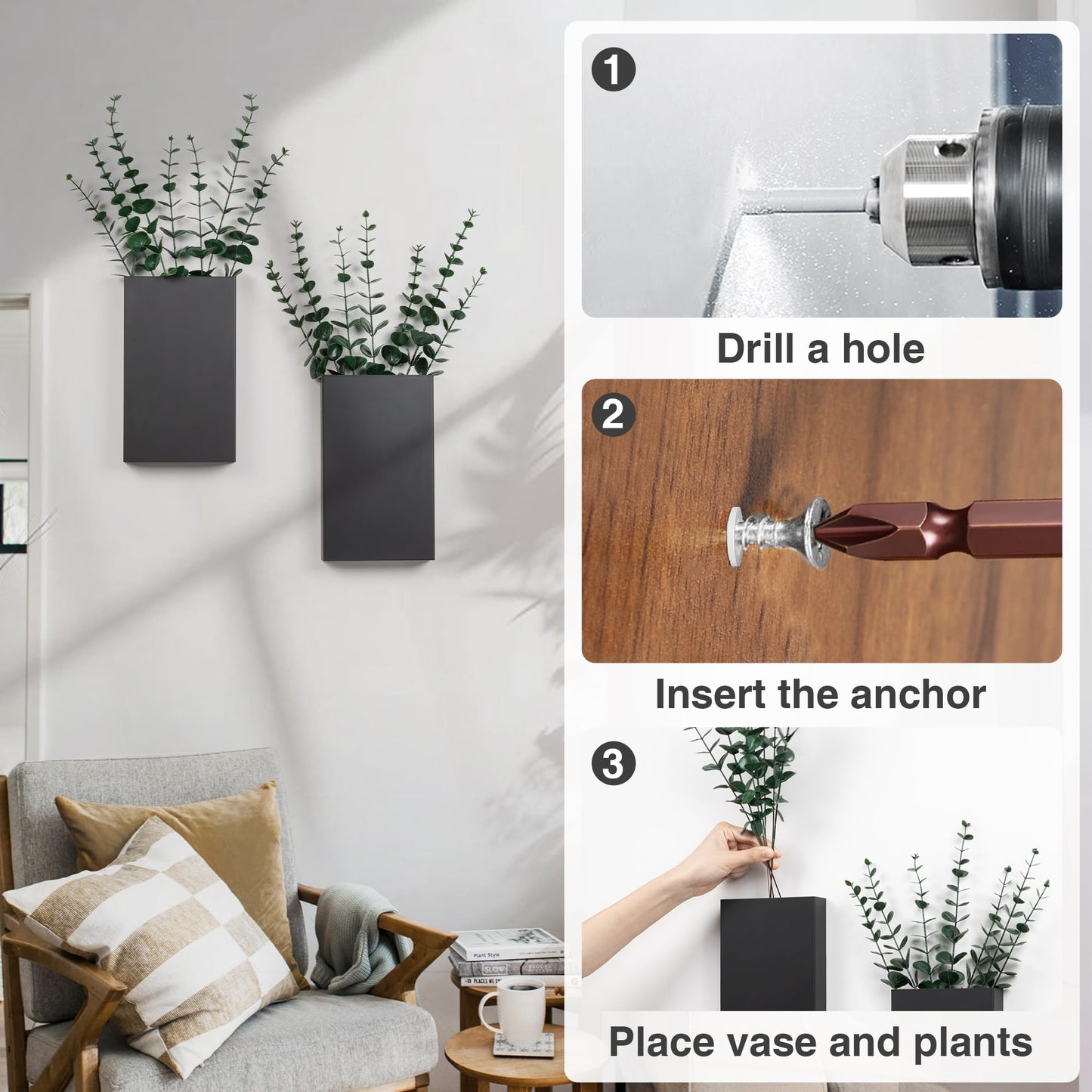 2 Pack Metal Wall Planter Vases Decor with Artificial Eucalyptus, Modern Farmhouse Rustic Hanging Pocket Planters for Indoor Greenery and Flowers, Living Room Bedroom Kitchen and Stairway Decoration