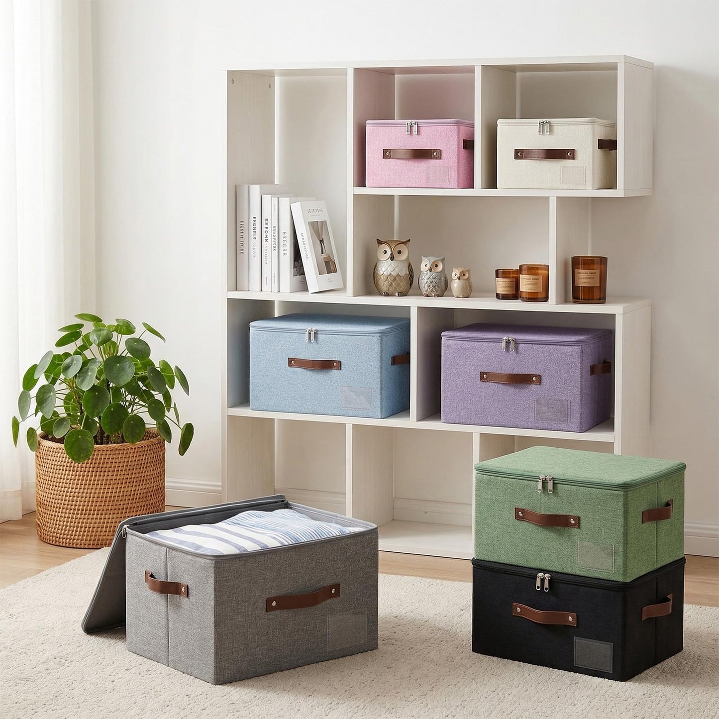 ANMINY Storage Bins with Zipper Lid Storage Boxes with Label Holder PU Leather Handles Washable Foldable Decorative Lidded Cotton Linen Fabric Cubes Baskets Closet Organizer - Beige, Large