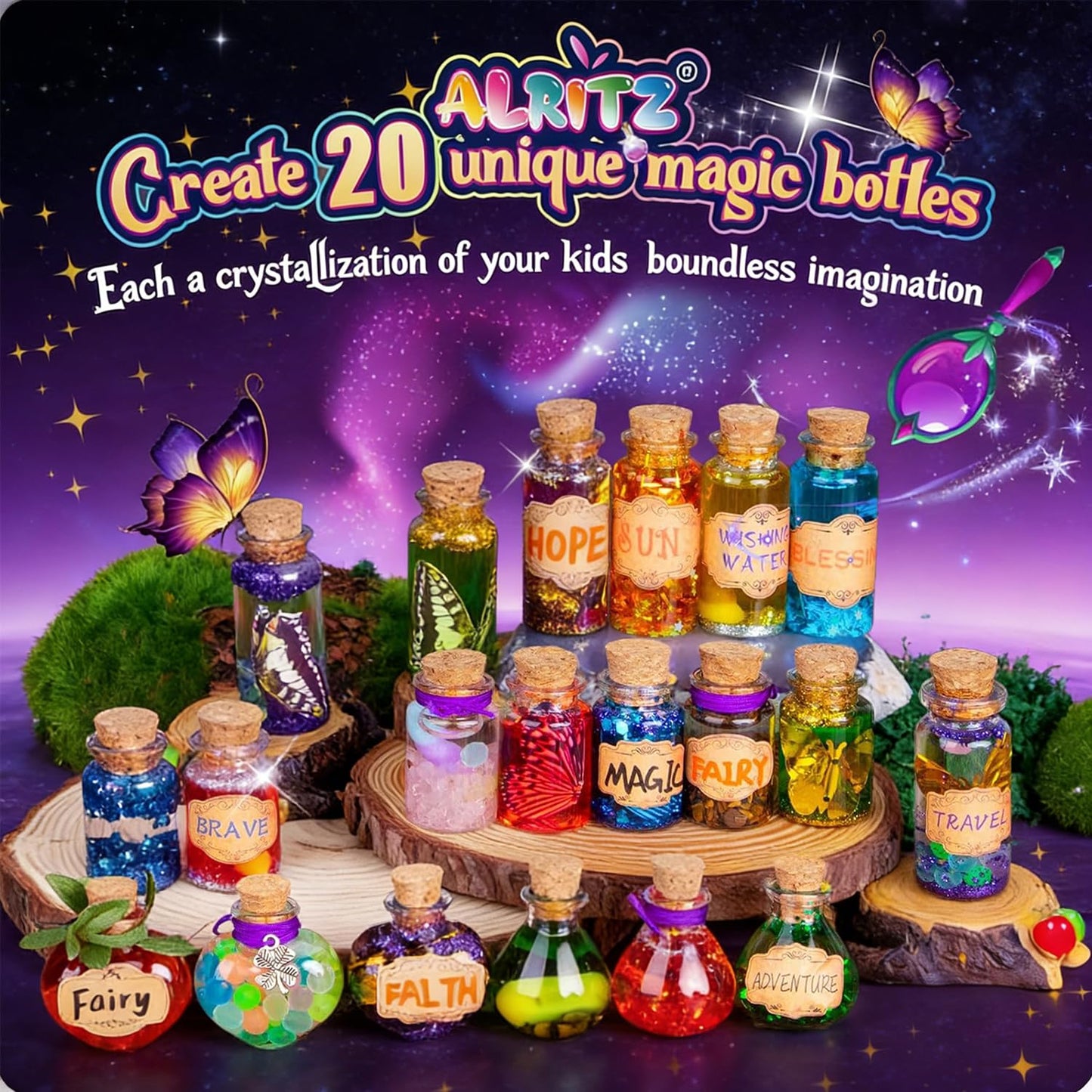 Alritz Fairy Potions Kit for Kids - Magic Potion Making Kit 20 Bottles, Glitter Crystals, Birthday Gifts for Girls 6 7 8 9 10 11 12 Year Old, Creative Craft Indoor Activity Party