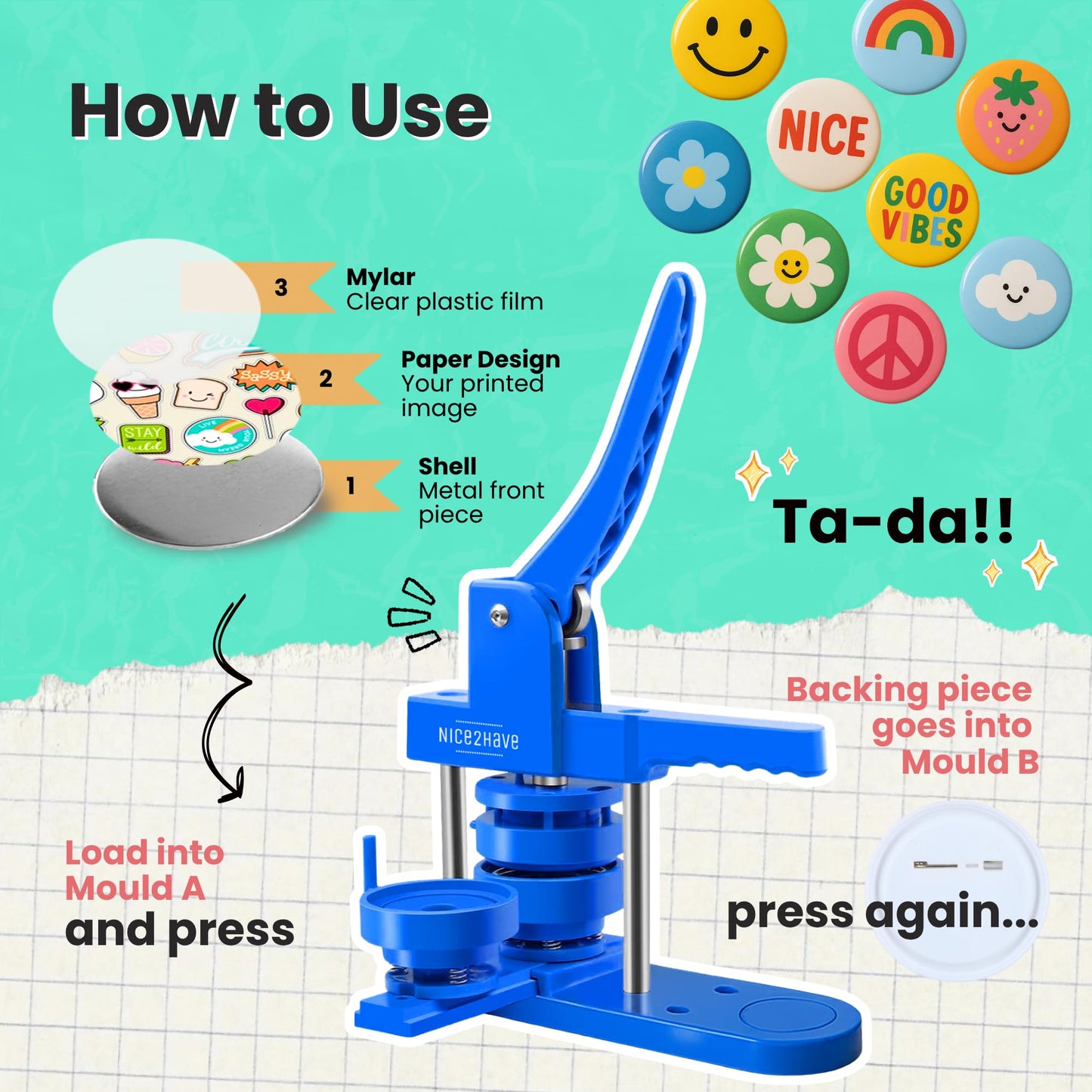 Button Maker Machine 1+1.25+2.5 Inch Pin Maker Kit - Multiple Size Molds, 500 Buttons, 15 Fridge Magnets, 15 Bottle Openers, 15 Keychains, Cutters, and 500+ Button Designs for DIY Crafts