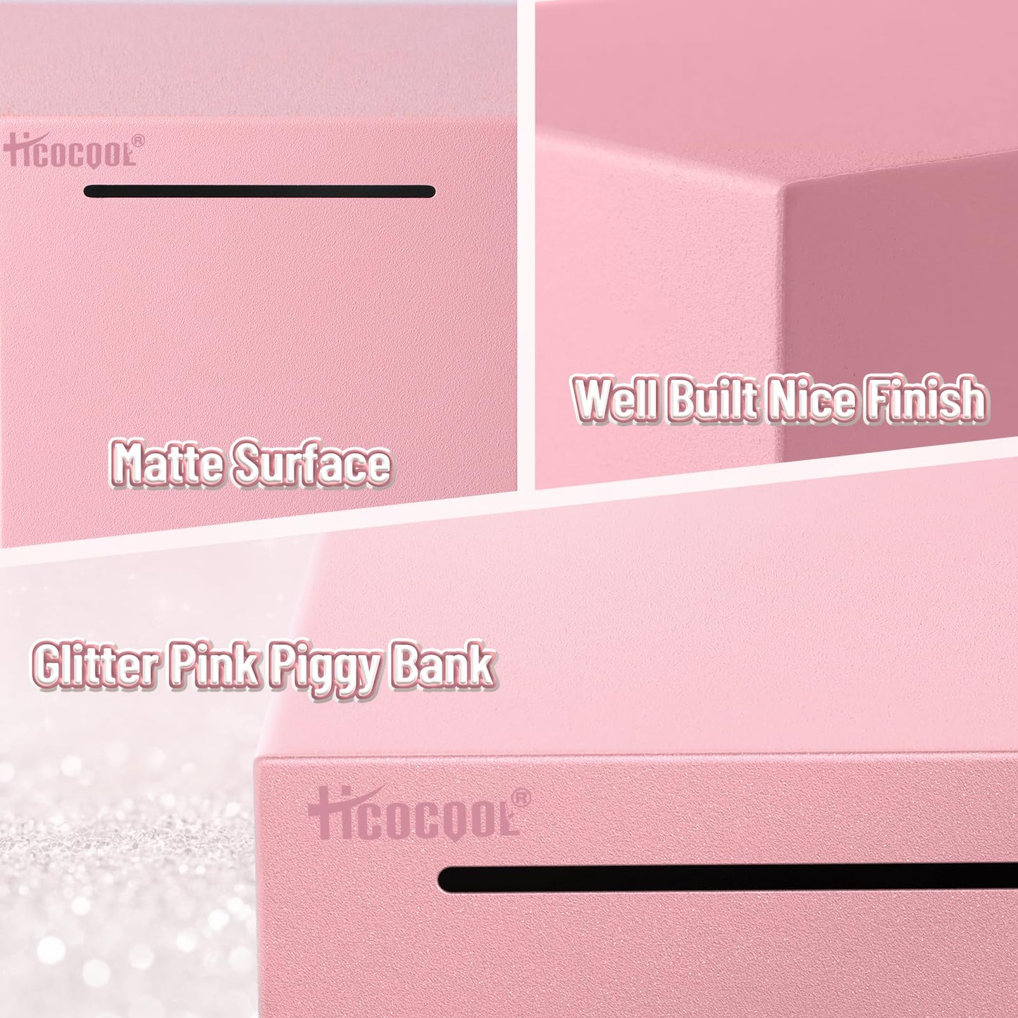 Hicocool Piggy Bank for Adults Must Break to Open, Unbreakable Stainless Steel Money Saving Box (Pink, Palm Size)