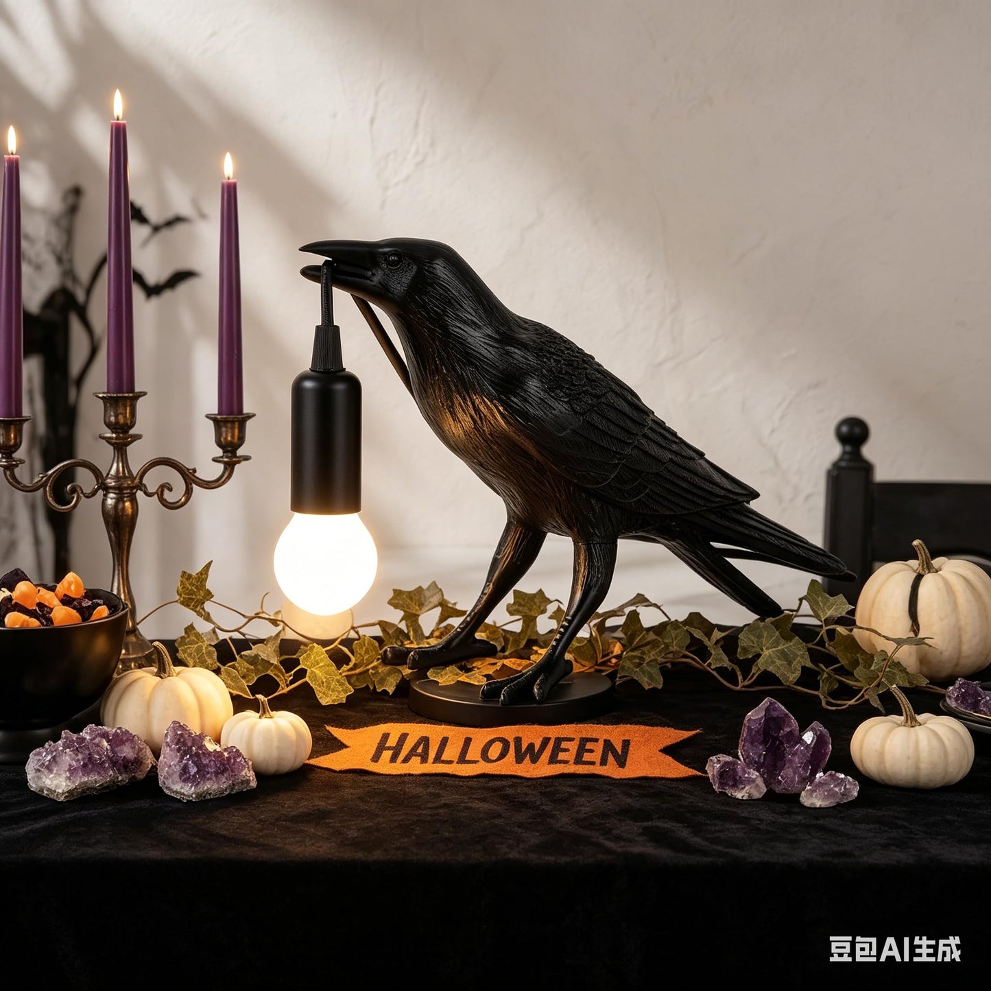 OVANUS Crow Lamp Gothic Decor, Raven Table Lamp with Adjustable Brightness, Dark Academia Aesthetic Night Light for Bedroom, Halloween Black Bird Lamp, Unique Gift