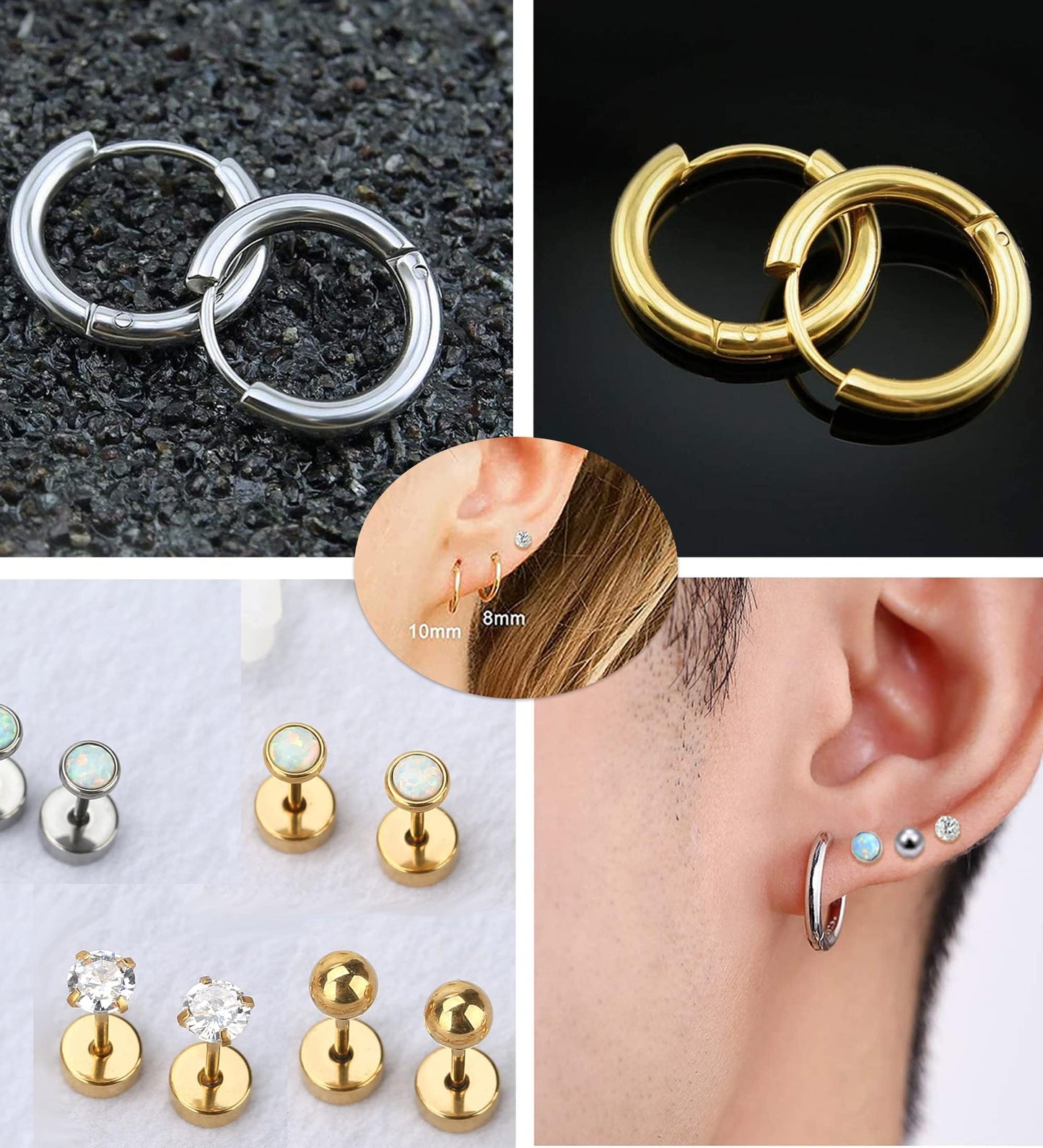 MJust Titanium Earrings for Sensitive Ears 20G Hypoallergenic Stud Hoop Earrings for Women Men Opal Ball CZ Heart Pearl Flat Back Earrings Cartilage Earrings Set