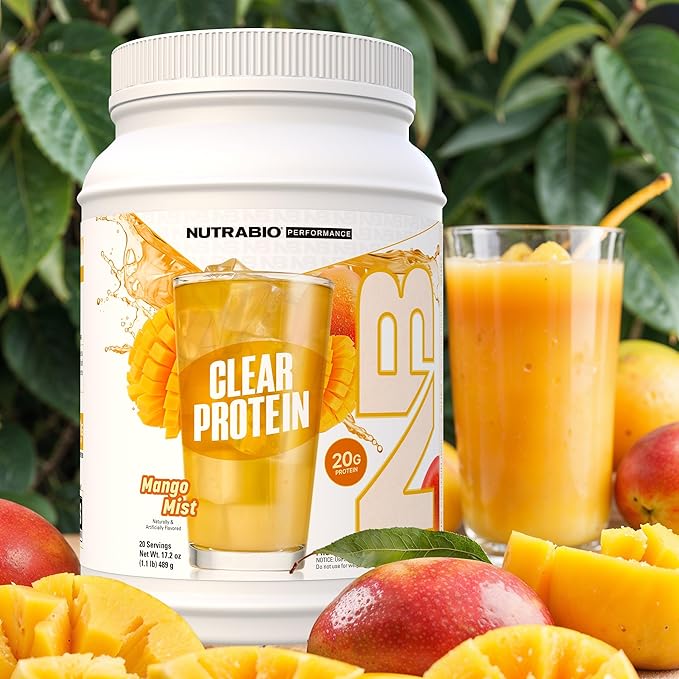 NutraBio Clear Whey Isolate Protein Powder, Delicious & Refreshing Fruit Flavors, Protein Juice, No Milky Taste, No Foam, Zero Sugar, Mango Mist, 20 Servings