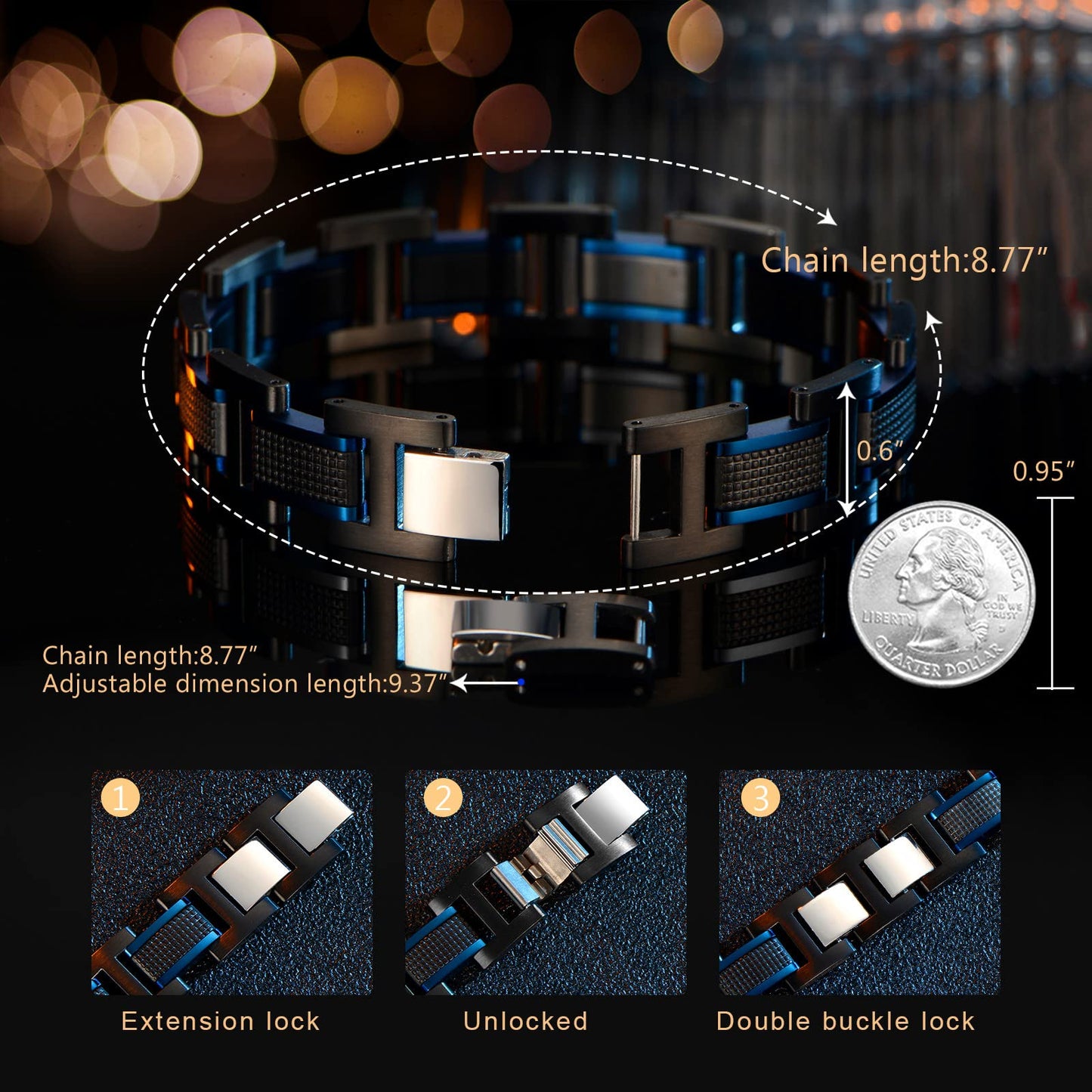 Zillaly Men's Stainless Steel Two-Tone Square Link diamond Bracelet in Black & Blue Ion-Plated Black (blue black)