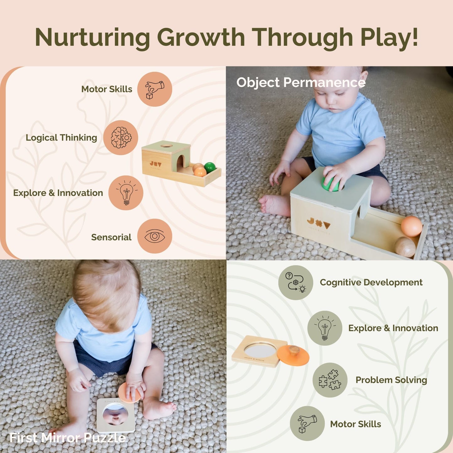 Jackie & Vancie Montessori Toy Set for Babies 7-12 Months Play Kit 6-in-1 Wooden Learning Toys with Object Permanence Box, Ring Stacker, Egg & Cup, Multipurpose Blocks and Mirror Puzzle
