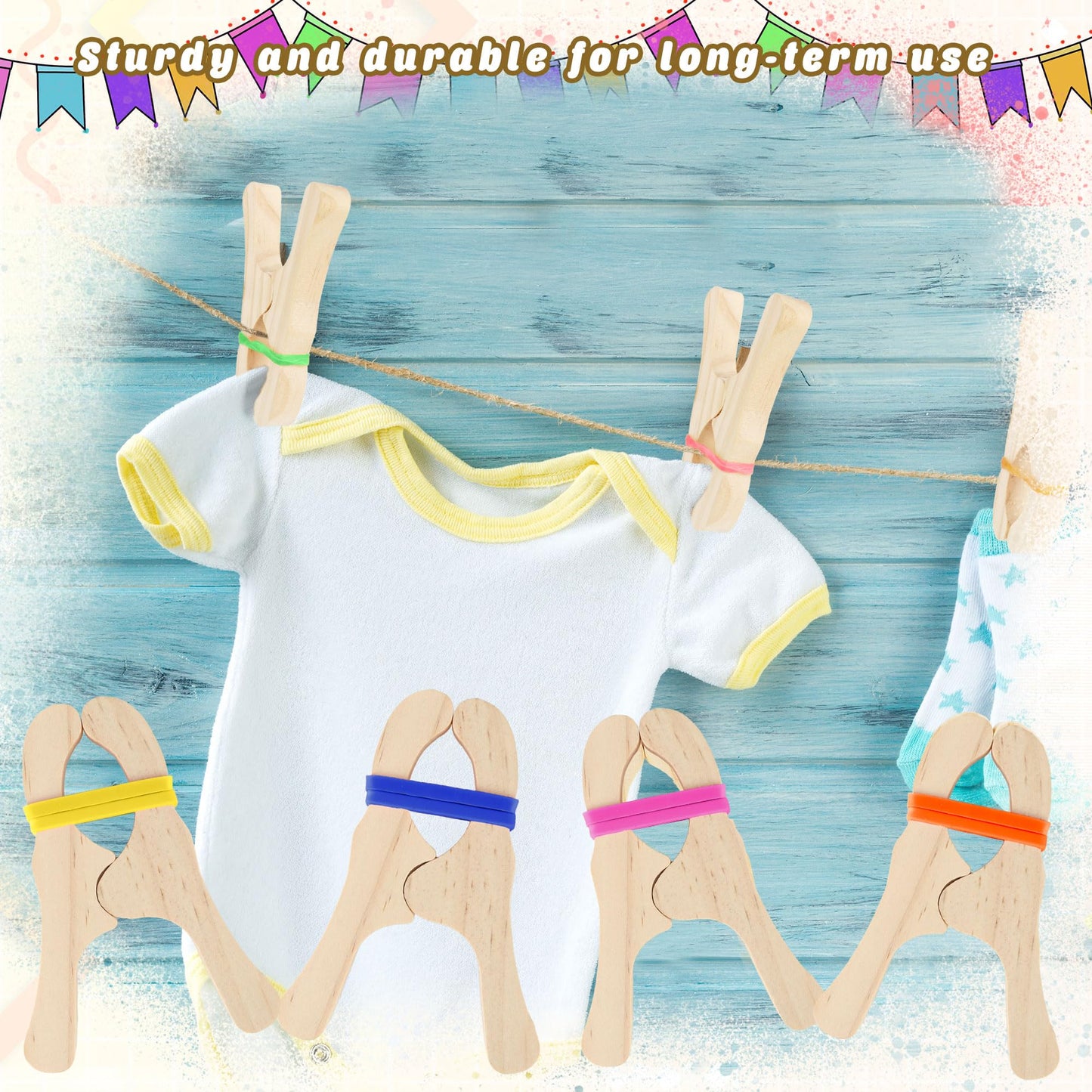 Norcoin 16 Pack Wooden Blanket Fort Clips with Silicone Bands Wood Play Clips for Kids Fort Building Kit for Creative Play Crafts and Classroom Activities