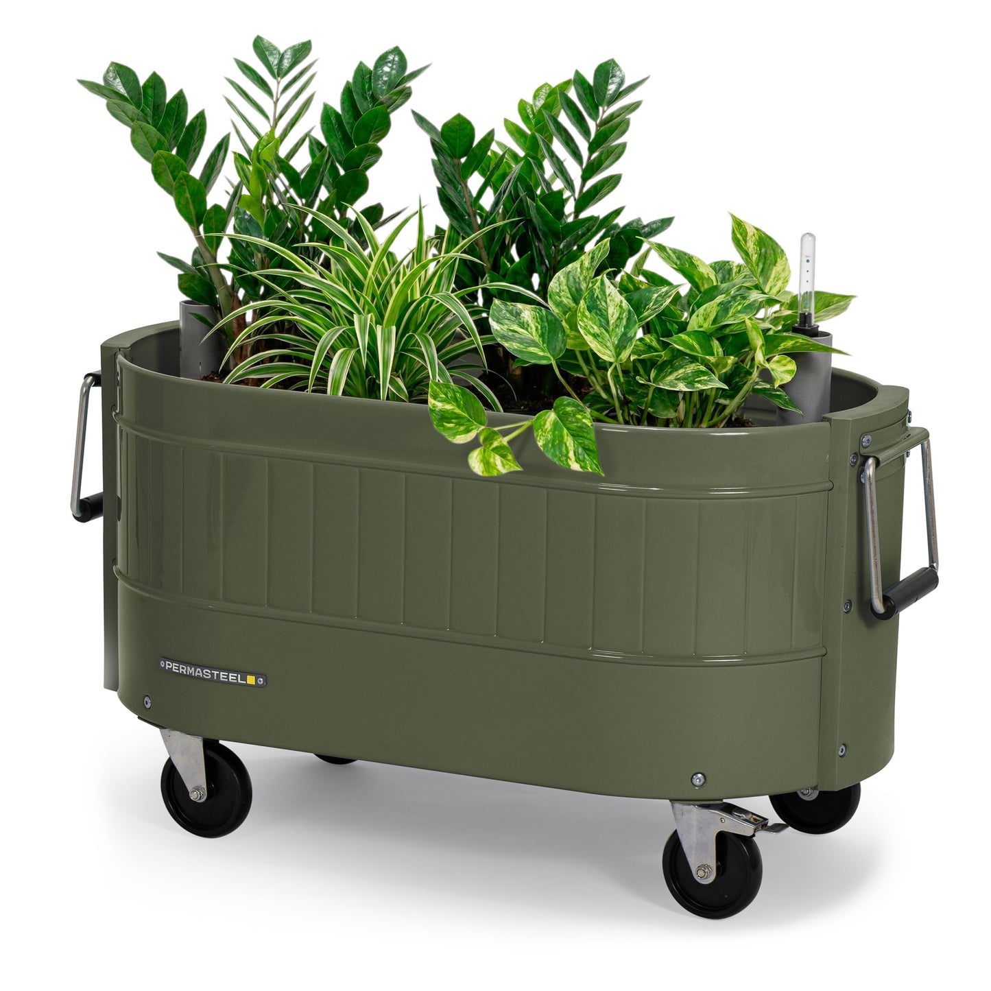 Permasteel Self-Watering Garden Bed, Rolling Planter for Vegetables, Flowers, Herbs, and Fruit, Outdoor Indoor, Caster Wheels, Army Green