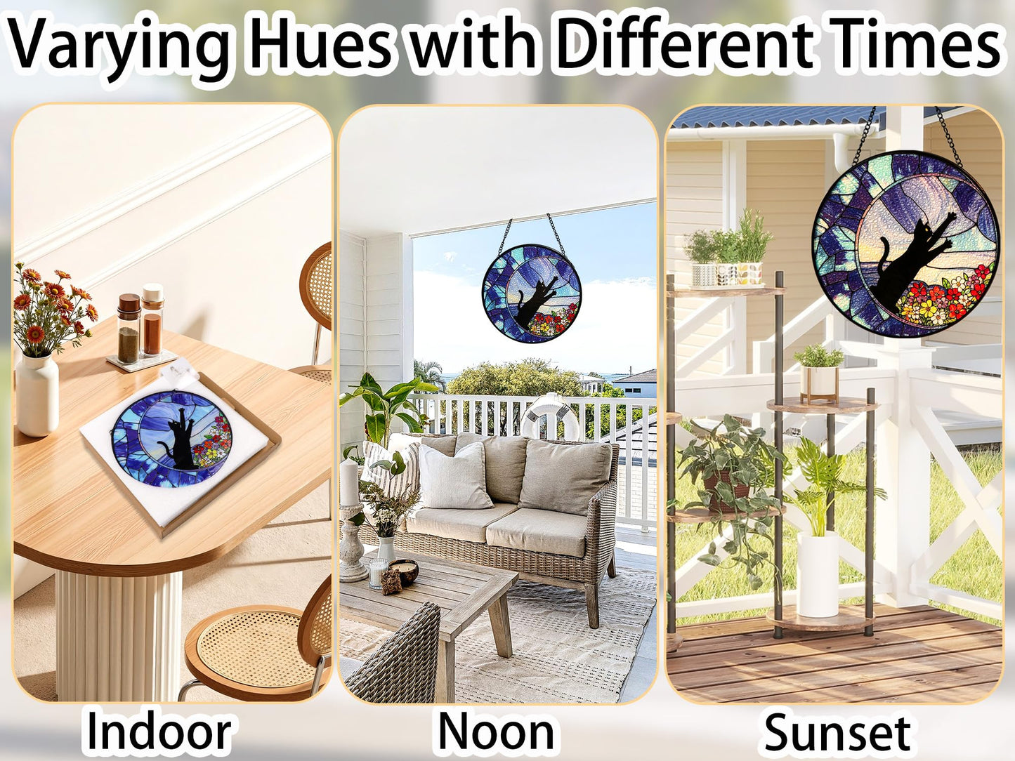7.9" Stained Glass Window Hanging, Cute Black Cat & Wild Florals Suncatcher Diamond Glass Panel Hanging Home Decor Indoor Outdoor